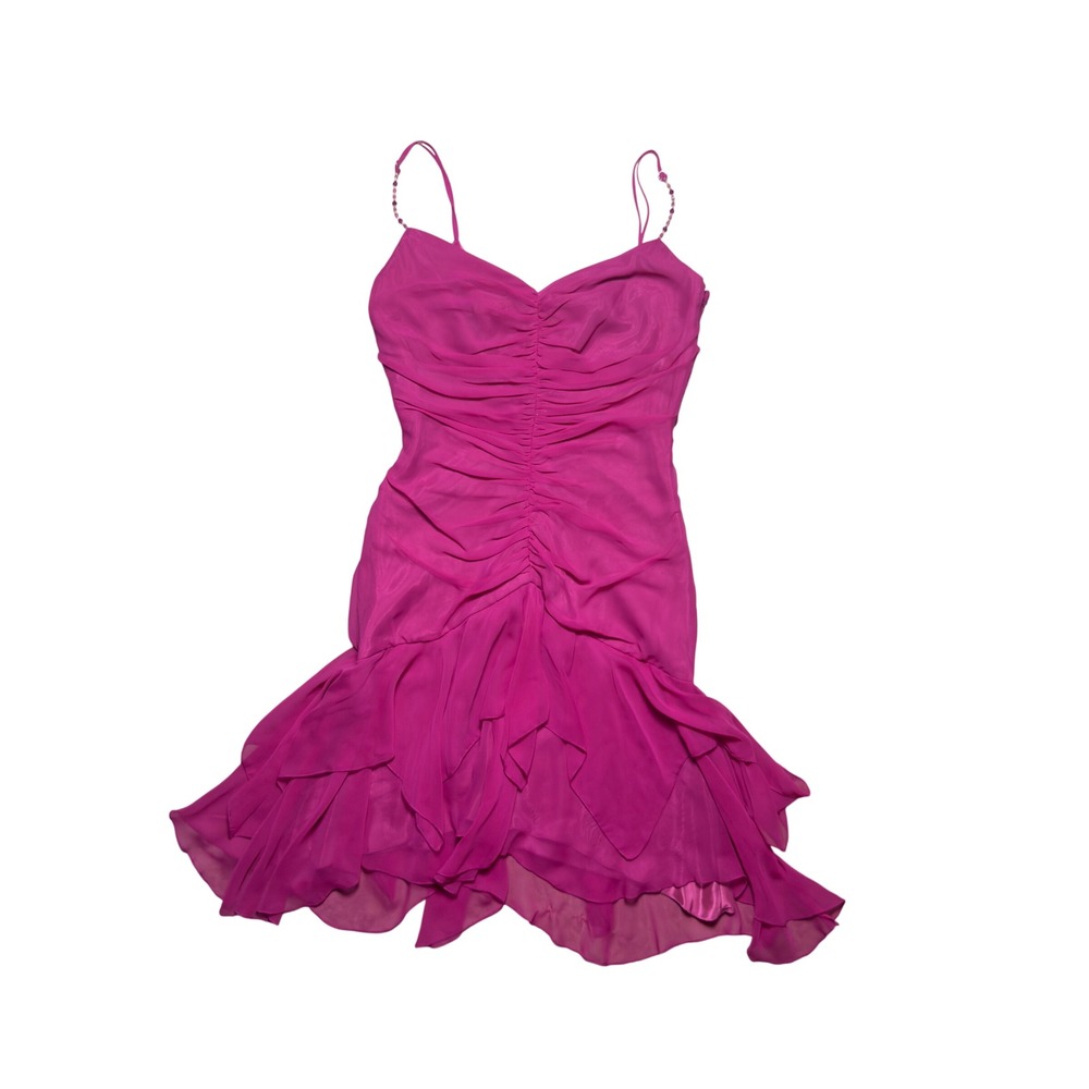 ABS by Allen Schwartz Magenta Pink Ruched Chiffon Ruffle Cocktail Dress
